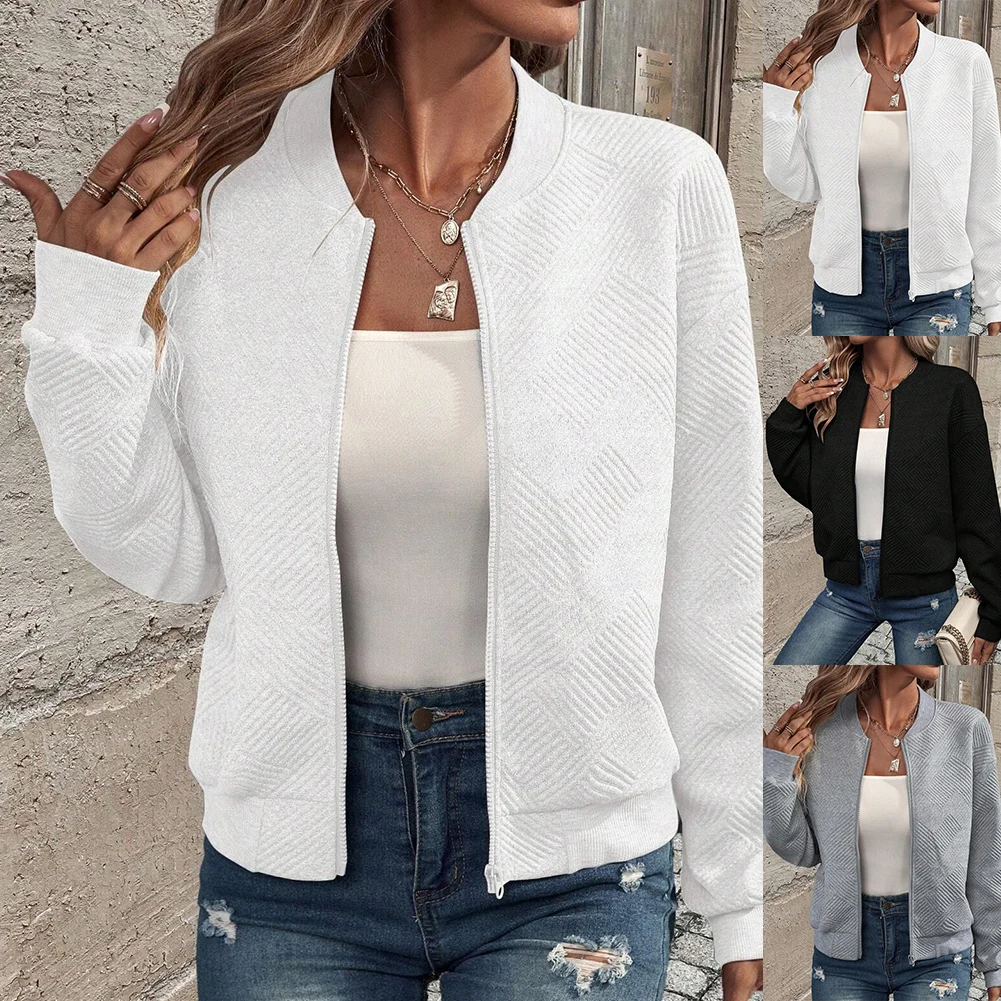 Casual Outings White Baseball Collar Coat Zipper Closure Jacket Apparel Casual Outerwear Fashionable Street Style