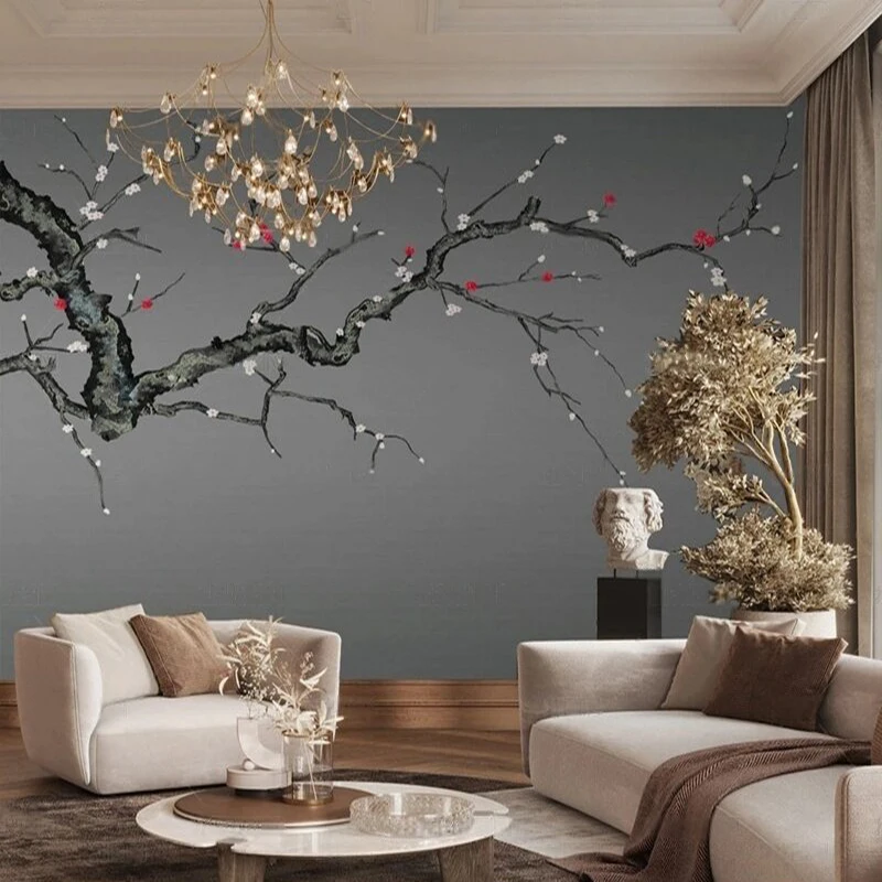 Simple and creative grey plum blossom branch pattern TV luxurious home decoration bedroom background wall