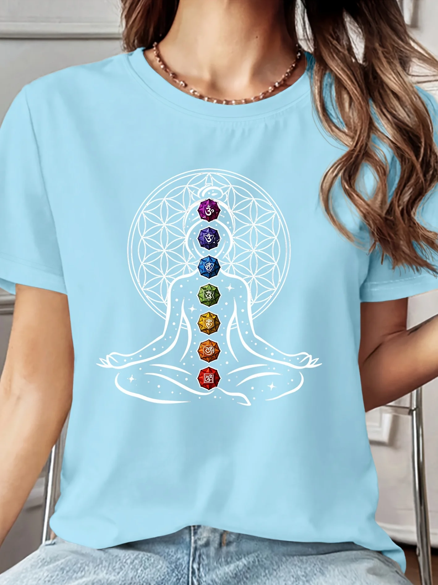 Chakra Meditation, Flower of Life Fun Print, Round Neck Skin Friendly Summer Personality Casual Trend Daily Women's Streetwear