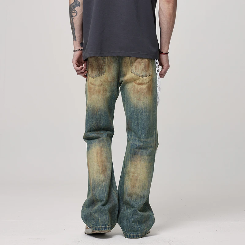 2024 New Y2K High Street Yellow Mud Dyed Distressed Ruan Shuai Ripped Jeans Men's Fashion Brand Retro Casual Loose Pants