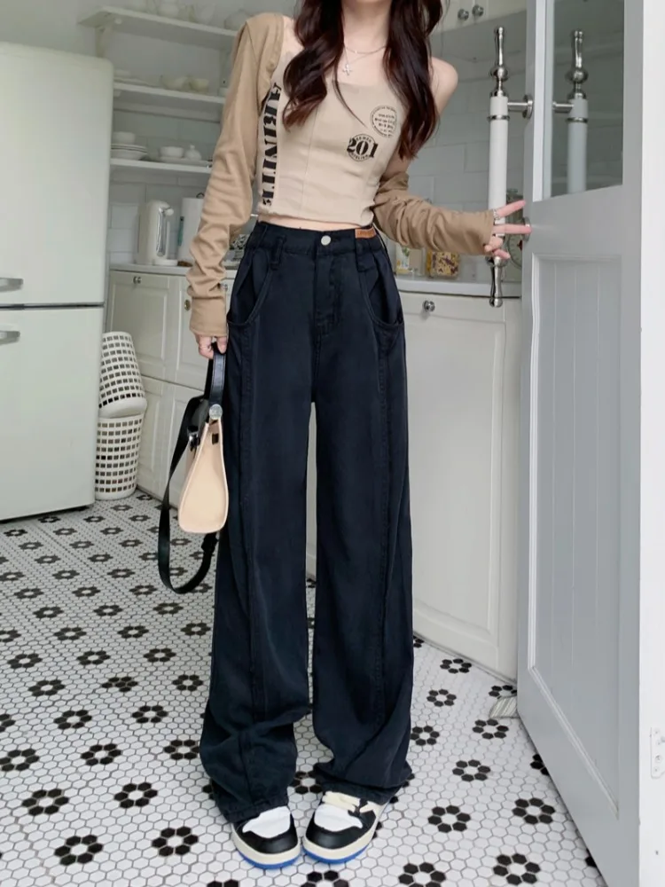 

High Waisted Straight Leg Jeans For Women Pants Autumn And Winter Black Loose Fitting Fashionable Wide Leg Pants