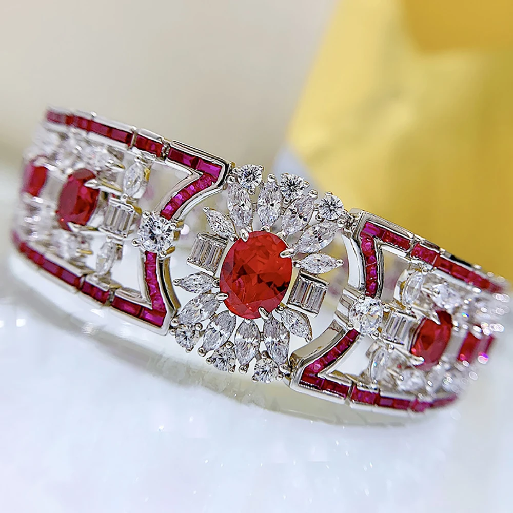 Luxury Vintage 100% 925 Real Silver 7*9mm Ruby Gemstone High Carbon Diamond Wedding Bracelets for Women Party Fine Jewelry Gifts