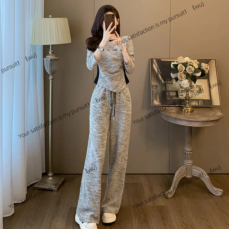 

Xiaoxiangfeng casual autumn and winter fashion sports suit, crew neck sweater wide-leg pants two-piece set