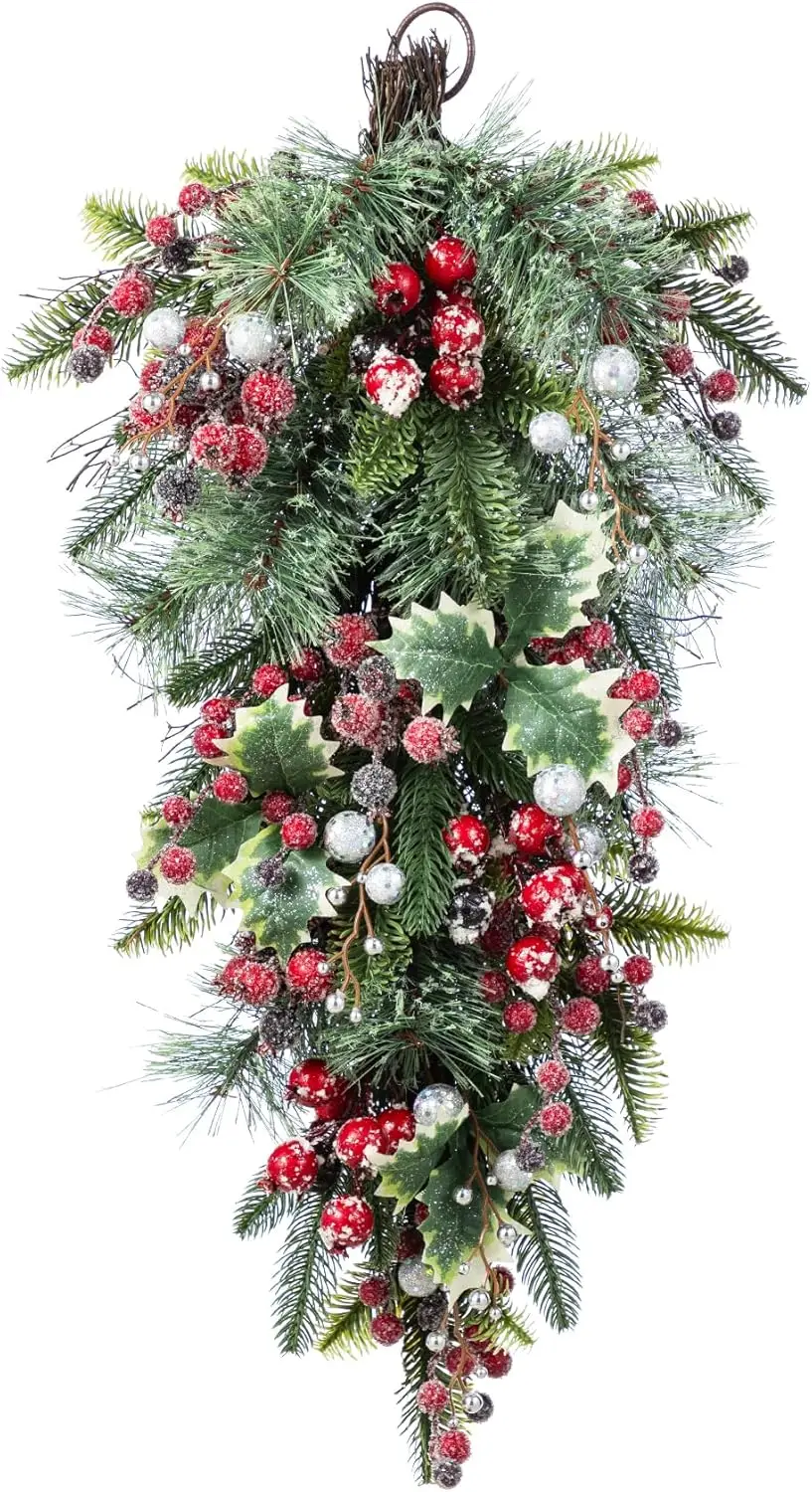 Guirnalda Navideña en Forma de Lágrima de 28 Pulgadas con Bayas de Granada Rojas y Hojas Sagradas para Decoración de Puerta Principal, Adorno Verde para Interiores y Exteriores