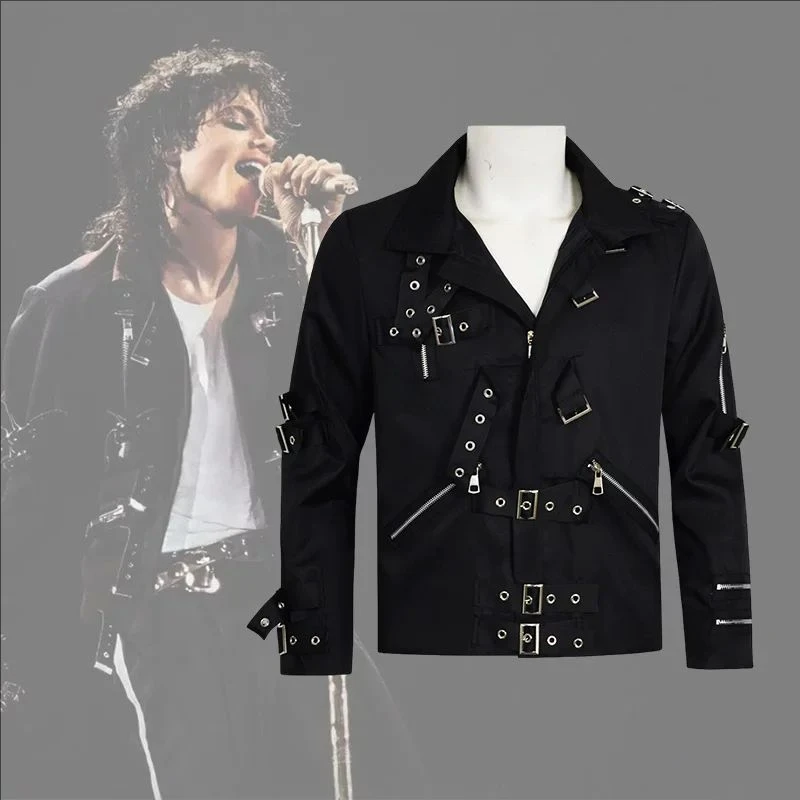 MJ BAD Tour Replica Slim Black Punk Jacke für Erwachsene Männer, aus weichem, dehnbarem Baumwollstoff, Cosplay-Mantel für Konzerte, Tributes, Shows, Karneval.