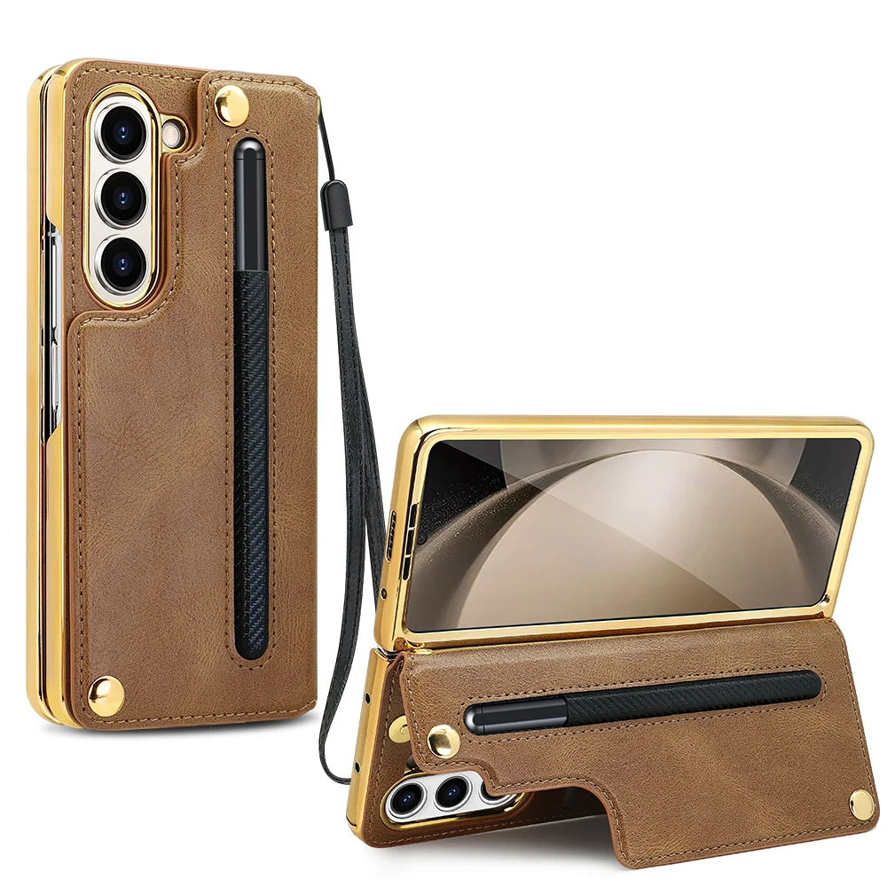 VIETAO Fold6 phone Cases For Men Golden Plated Leather Phone Cover Compatible With Samsung Galaxy Z Fold 6 5 4 Card Slot Holder