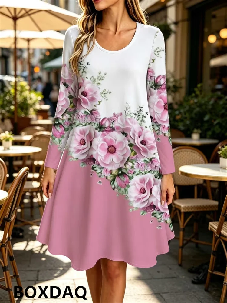 Rose Gradient 3D Printed Fashionable Dress New Women's Round Neck Long Sleeved Pullover Casual Loose A-Line Dresses