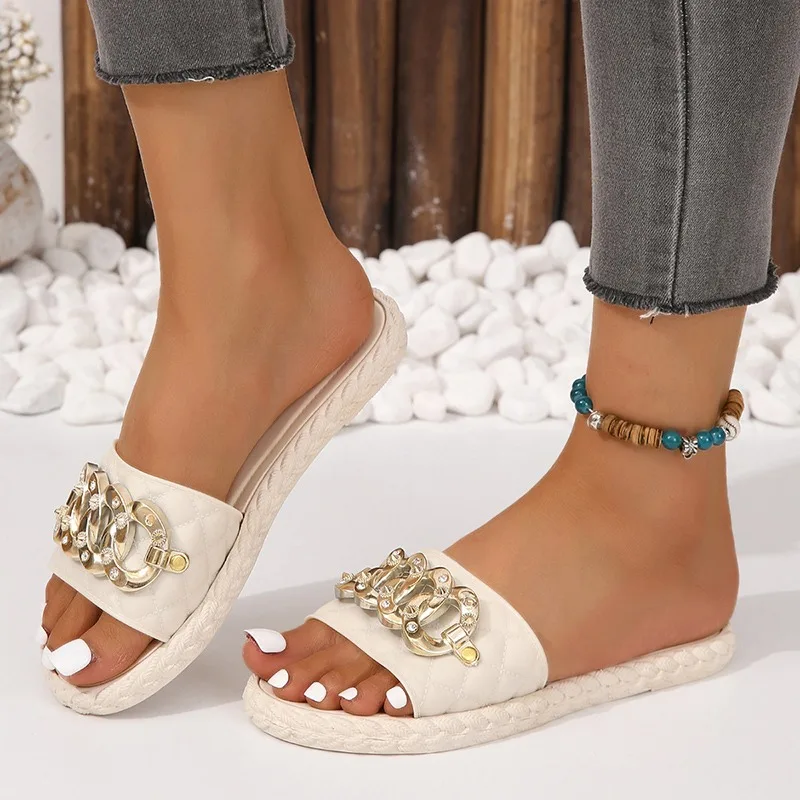 New Summer Metal Chain Decor Casual Women's Slippers Fashion Solid Round Toe Comfortable Lightweight Women Shoes Мюли Женские