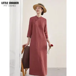 Cotton Chinese and Hemp 2023 Spring/Summer New Cotton Cheongsam and Hemp Art Retro 3/4 Sleeve Dress Women's Improved Qipao Women