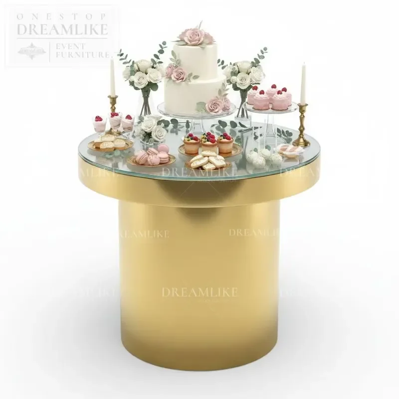 Golden Stainless Steel Cylindrical Cake Stand Elegant Glass Countertop Dessert Display for Wedding Party Rental Event