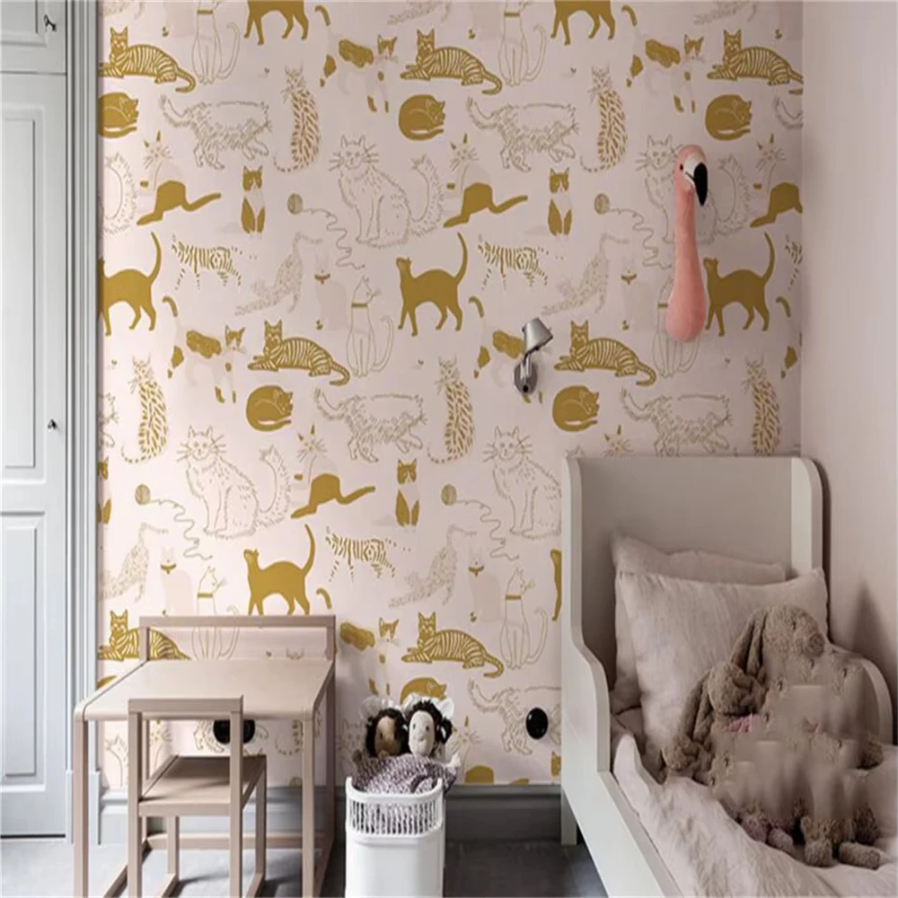 

Custom Theme Nordic Cat Wallpaper Mural for Children's Bedroom Background Blue Cat Wall paper Art Boys Girls animal Home Decor