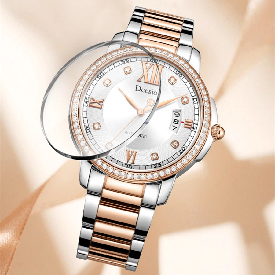 DEESIO-Montre de Luxe en Acier Inoxydable pour Femme, Mouvement Mécanique existent, Calendrier Classique, Mode Décontractée, Étanche, Cadeau