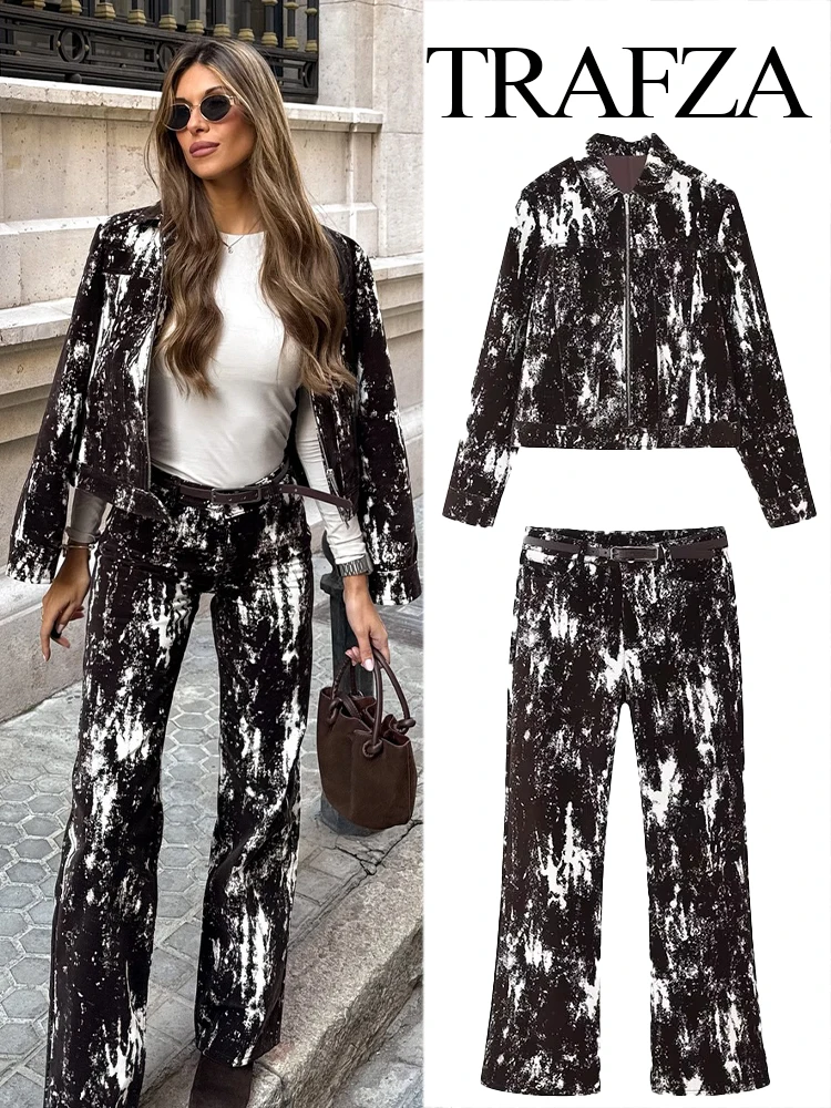 

TRAFZA 2025 New Vintage Pants Suit Women Fashion Versatile Animal Print Lapel Flocking Jacket+Belt High Waist Pocket Long Jeans