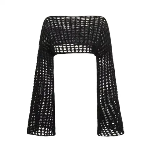 Women Grunge-Crochet Knit See Through Crop Tops Cover Up Shrug Long Sleeve  Neck Casual Cropped Smock Top Blouse