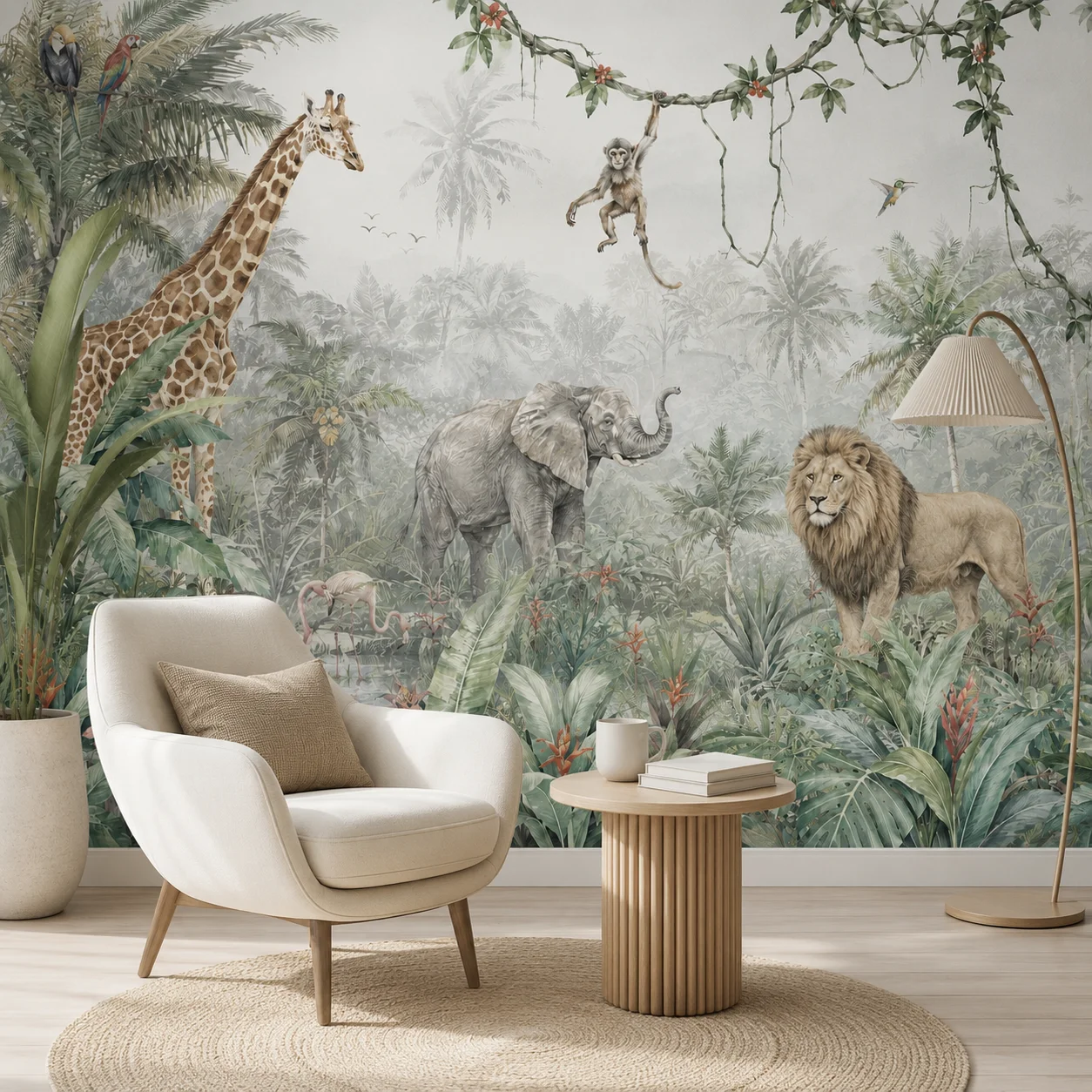 Glue Required Tropical Jungle Animals Wallpaper Mural Giraffe Elephant Lion Monkey Watercolor Wall Art for Kids Bedroom Nursery