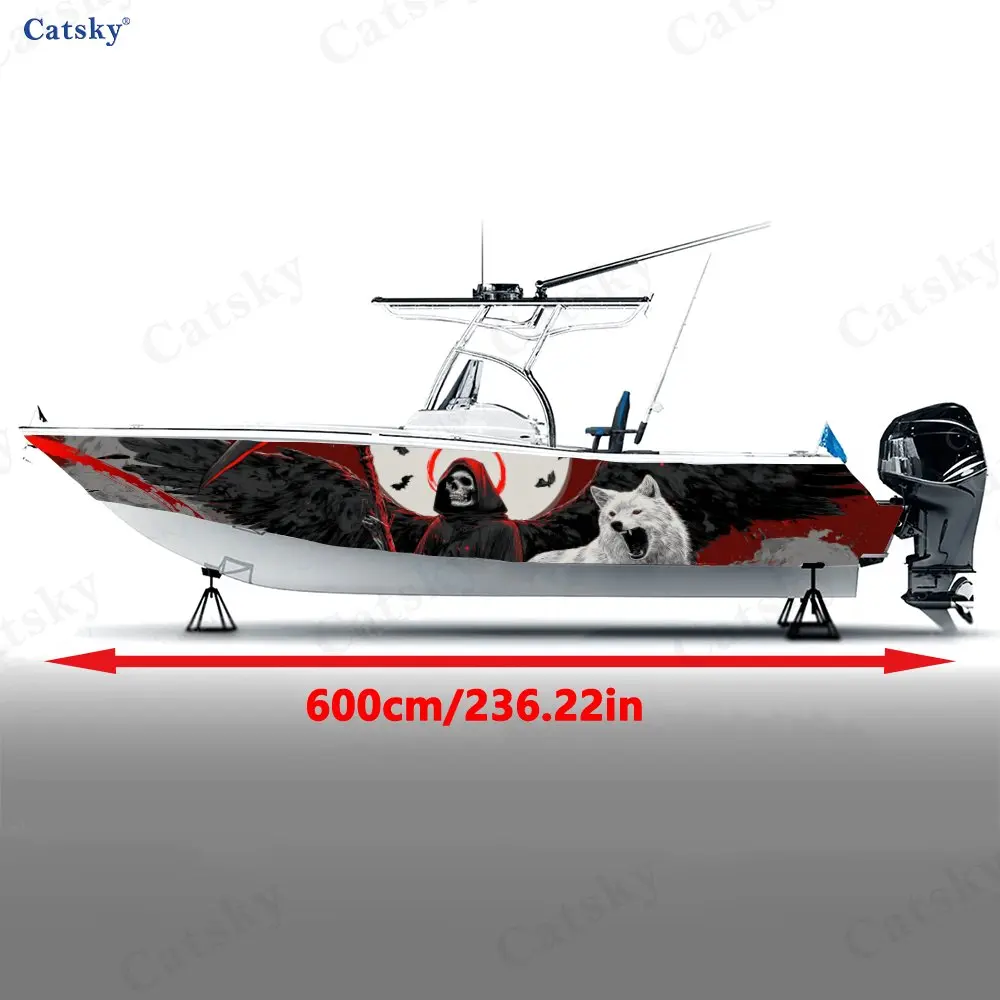 2Pcs Wolf Howl Grim Reaper Boat Stickers, PVC Waterproof Durable Vinyl Wrap Decals for Fishing Boats, Durable and Stylish Design