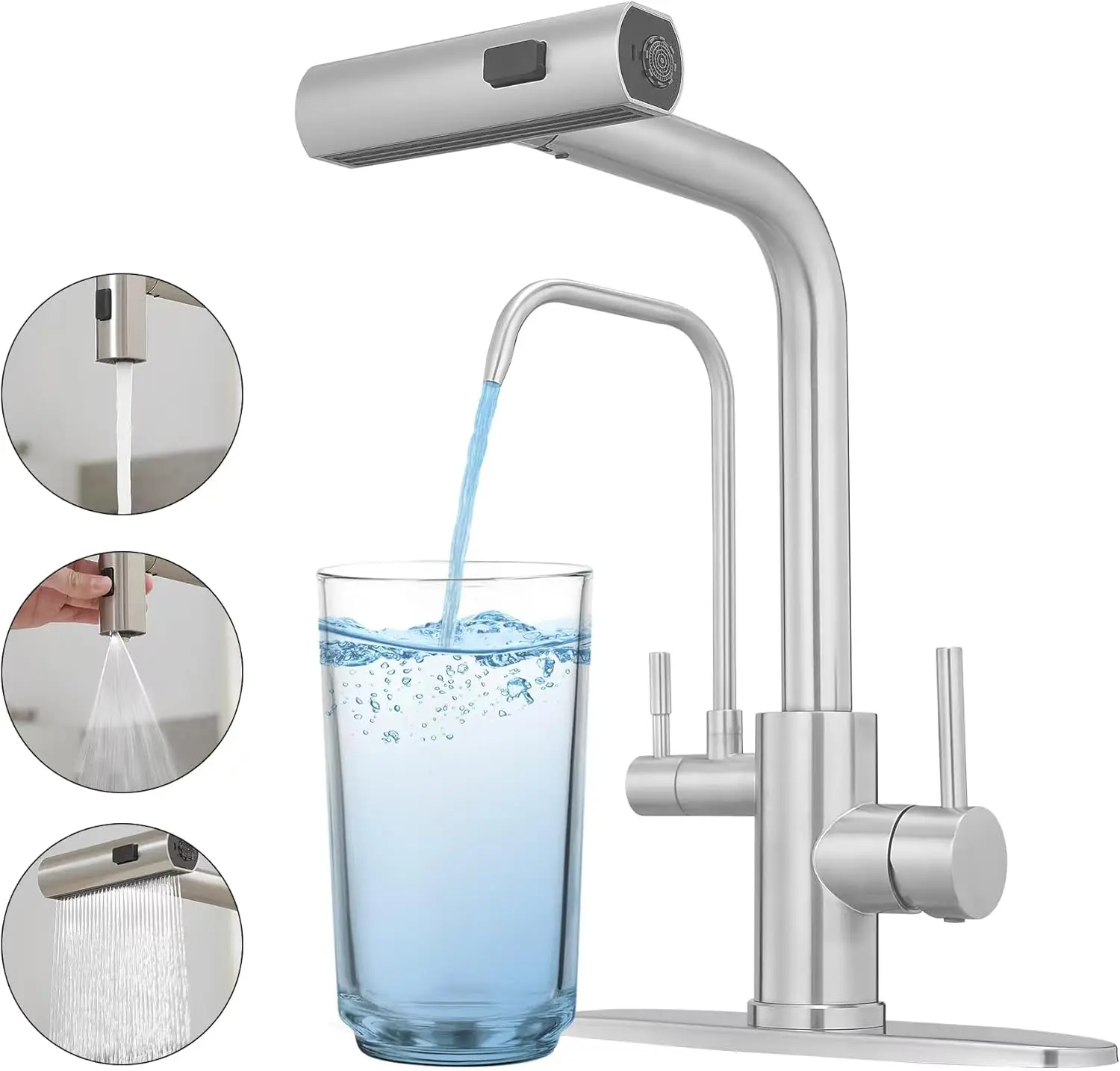 

Kitchen Faucet with Water Filter and Pull Down Sprayer, Two Handle Design for 3 Functions, Brushed Finish