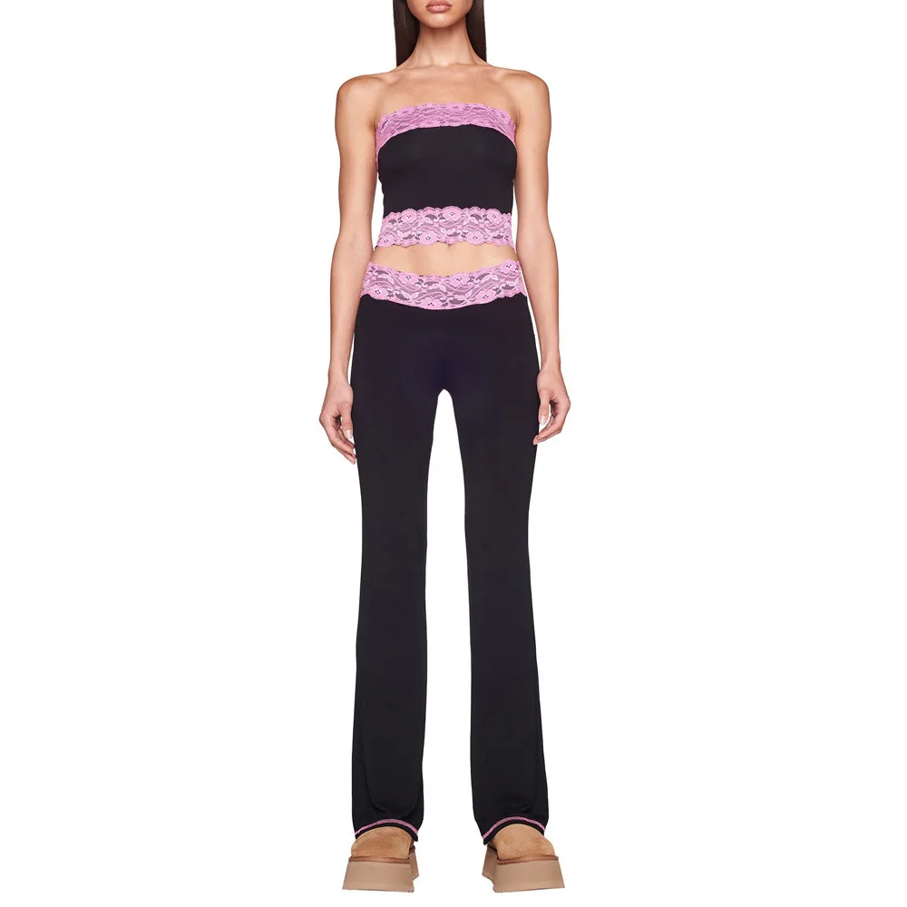 

European and American new casual lace patchwork exposed navel strapless top, flared pants, long pants set