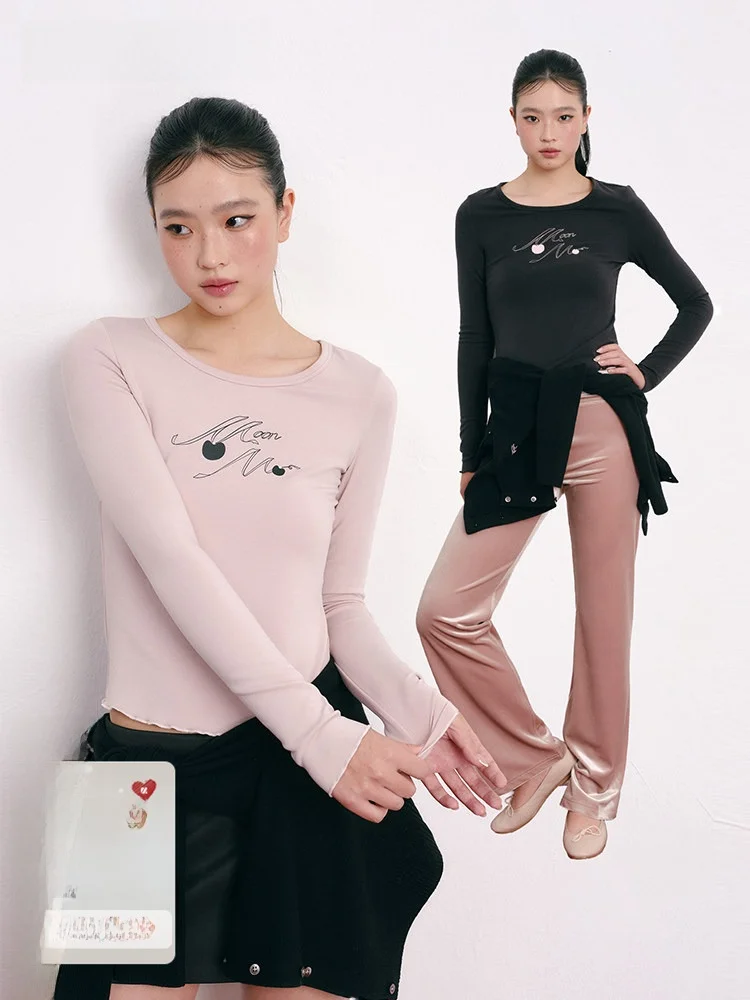 

Moonmoi Long Sve T-irt round Ne Cherry Print Lyocell Blend Women's Casual Faion mid Waist Design Printed Top