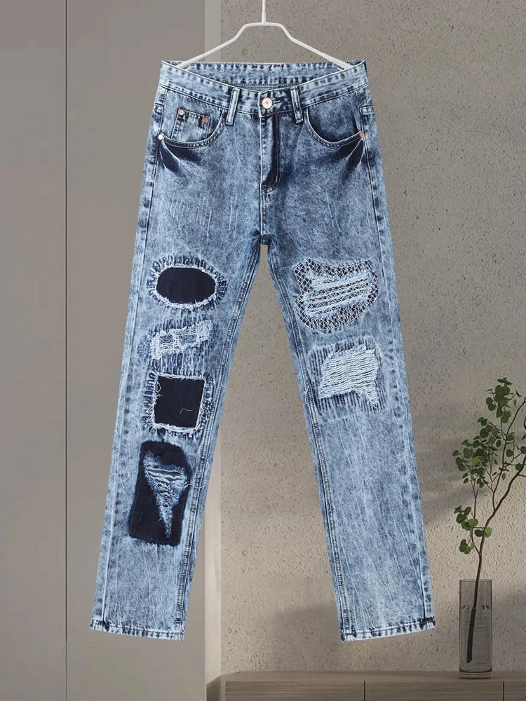 

Men's Embroidered Ripped Jeans (without Belt) Patchwork Slim 2025 Casual Motorcycle Denim Pant High Street Male Designer Clothes
