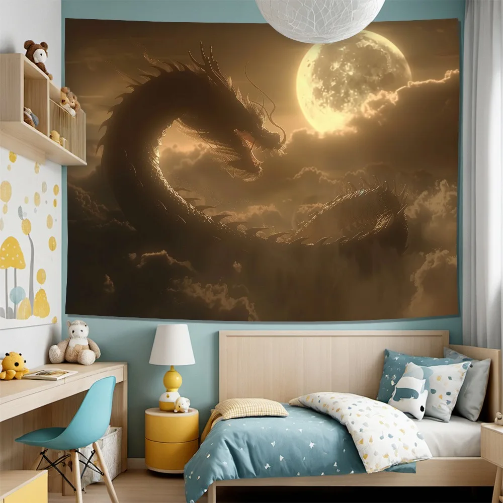 Gobelin z mitologicznym smokiem pod pełnię księżyca: Dramatyczna dekoracja ścienna o tematyce nocnego nieba do wystroju domu