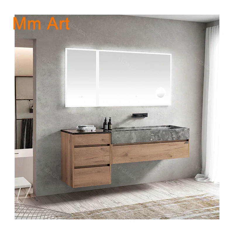 hotel home bathroom vanity cabinet gray natural marble wash basin oak wood bathroom vanity with make up grid side cabinet