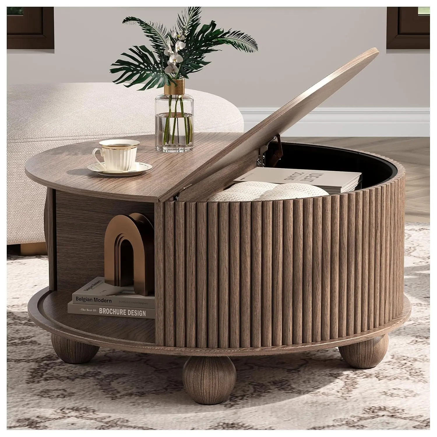 

Круглый кофейный столик с местом для хранения, 31,5 дюйма, из орехового дерева, с рифленой столешницей, в стиле середины века, деревянный, на заказ