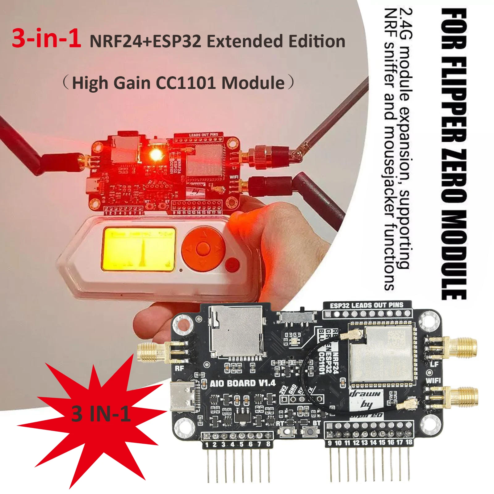 개선된 플리퍼 제로 와이파이 멀티보드, NRF24 + ESP32 개발 보드, CC1101 SubGhz 모듈, ESP8266 GPIO 모듈, 에어 마우스 모듈