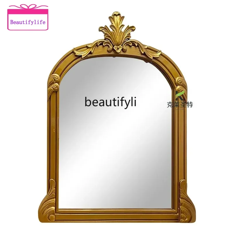 YL French retro bathroom wall hanging, European fireplace carved decorative mirror, American desktop makeup mirror