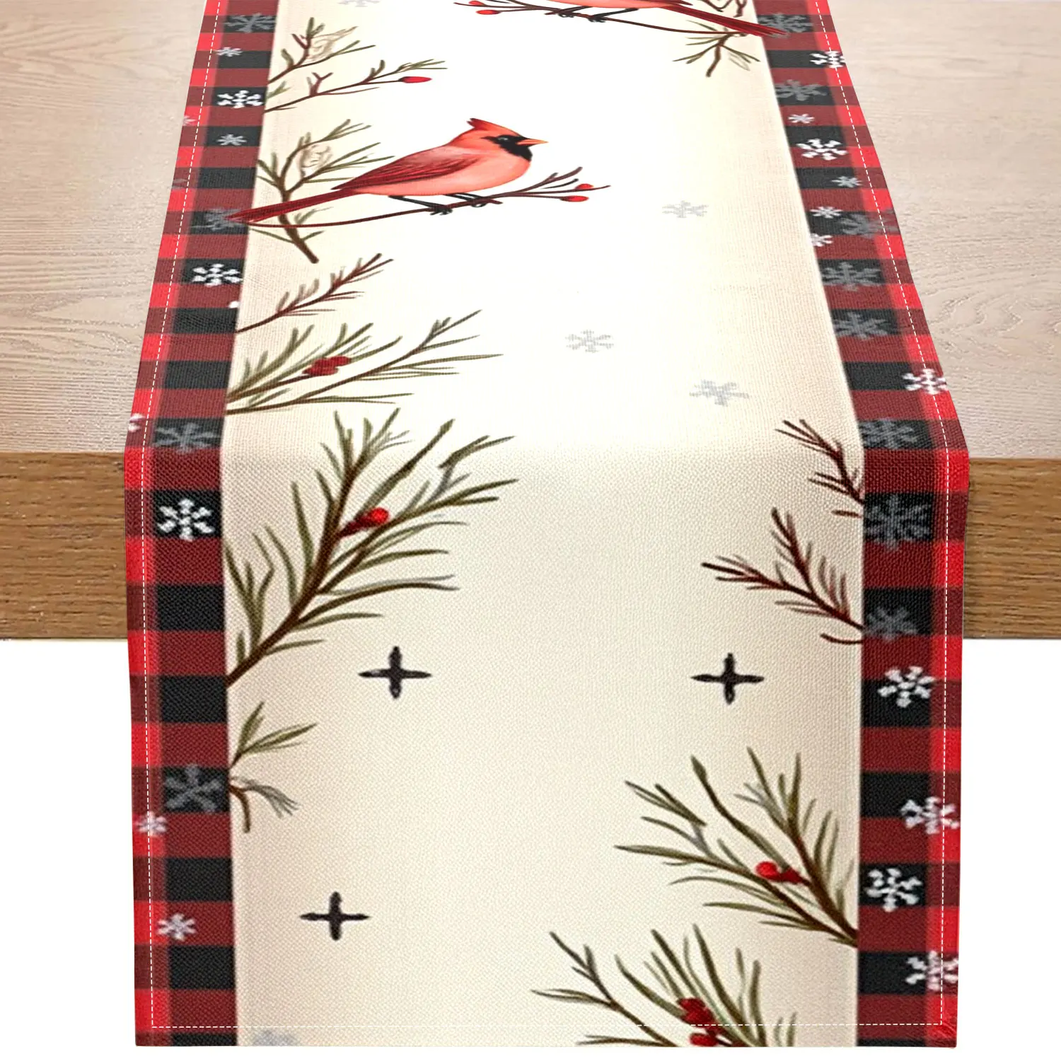 1 Piece of Christmas Plaid Bird Table Runner, Featuring Cardinals, Small Birds, Berries, and Pine Branches, Suitable for Christmas and Holiday Decorations
