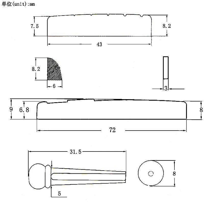 6-String Guitar Bridge Pins, Folk Classic Guitar Kit Plastic Guitars String Pegs Guitar Bone Bridge Saddle and Nut