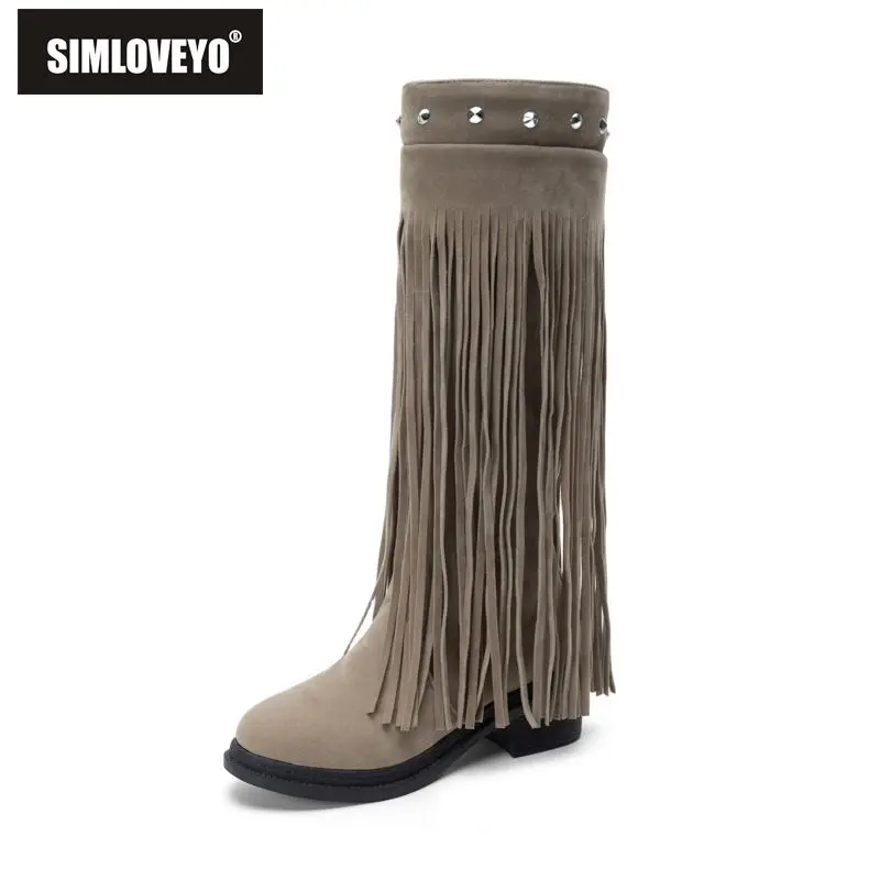 SIMLOVEYO Red New Women's Knee High Boots Round Toe 5cm Thick Heel Fringe Rivets Slip On Plus Size 41 42 43 Fashion Dating Botas