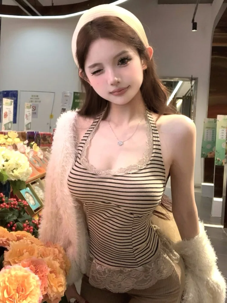 

Sexy Pure Desire Stripe Lace Halter Top Women's Autumn Winter Unique Beautiful Inner Wear Hot Girl Tube Top Korean Style Holl...