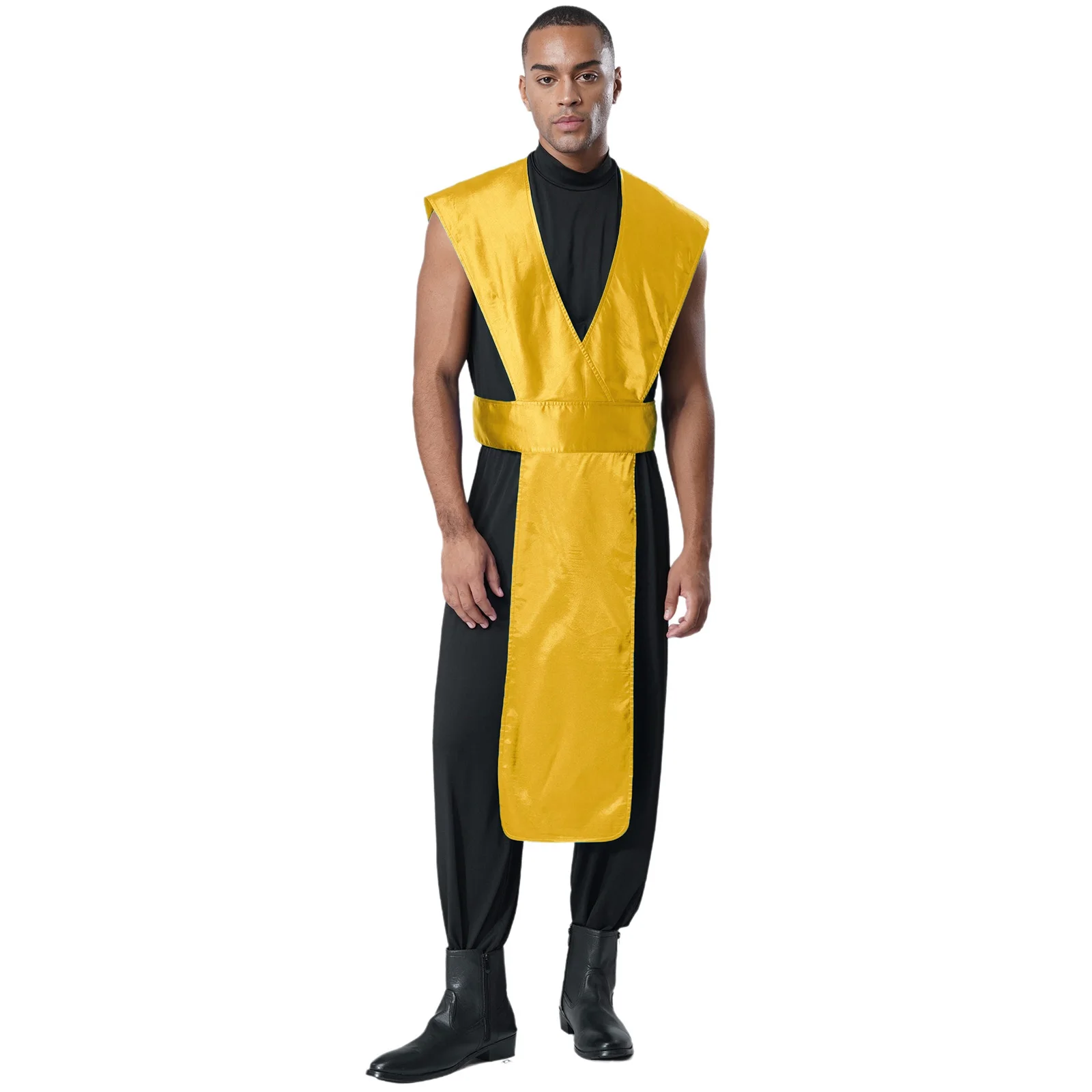 

Men Fighter Warrior Gladiator Cosplay Halloween Outfit Sleeveless Jumpsuit with Deep V-neck Sleeveless Satin Cover-up Outfits