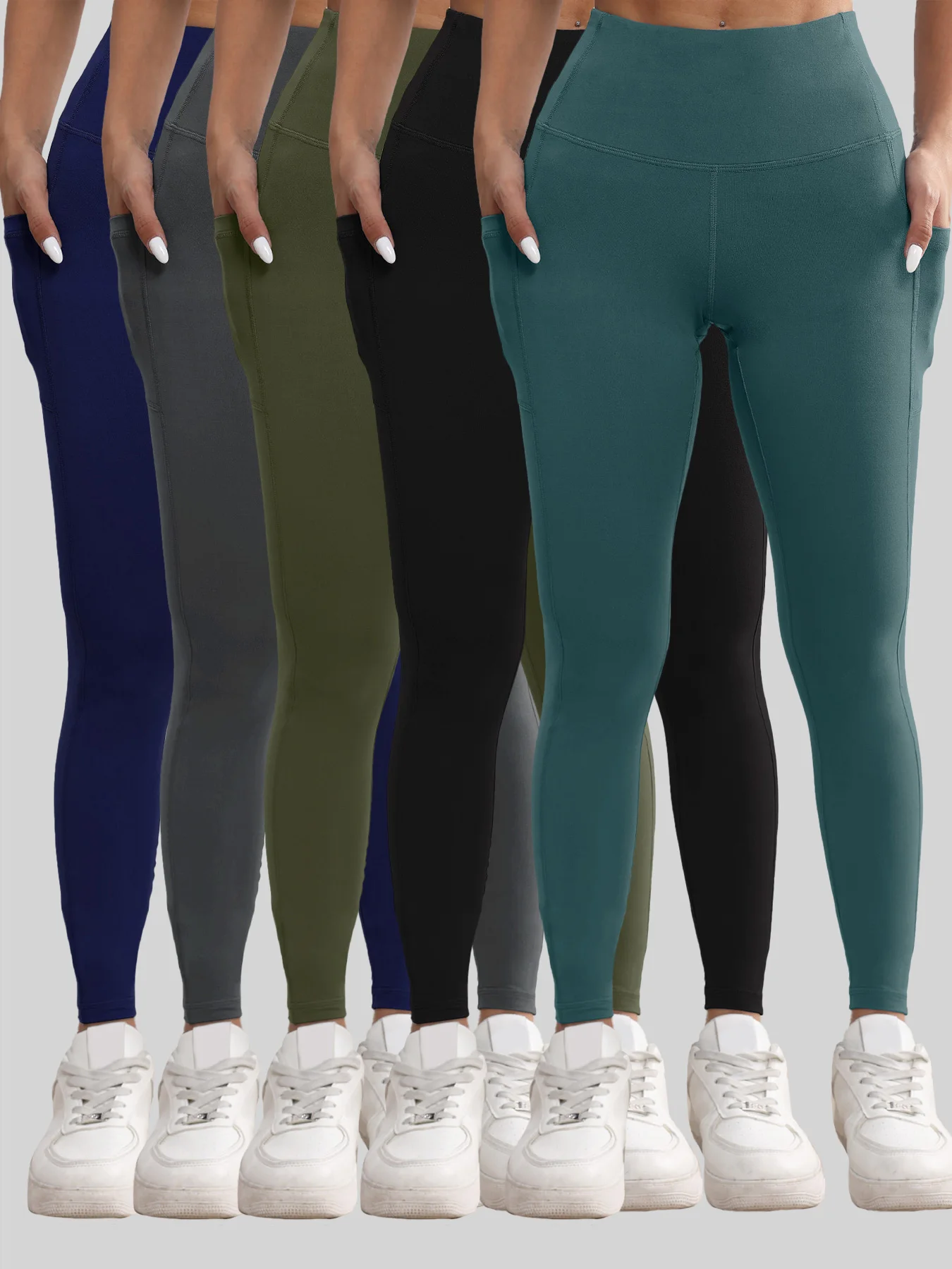 Solid Color Women Leggings with Pockets Tummy Control Workout Tights Elastic Outdoor Fitness Pants Soft Sports Leggings