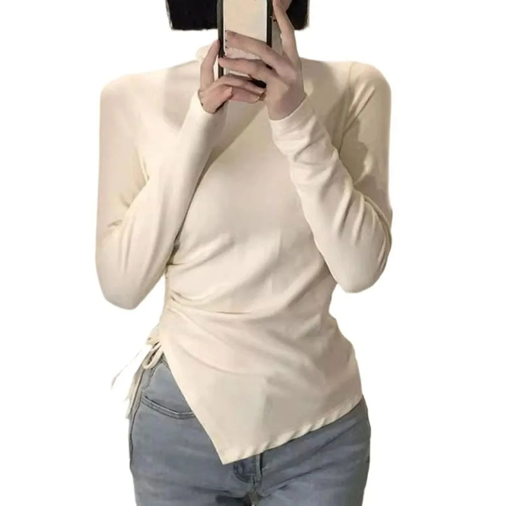 Half High Collar Long Sleeve T-shirt Irregular Undershirt Slim Drawstring Pullover Bottoming Shirt Simple Crop Top Women Y2k