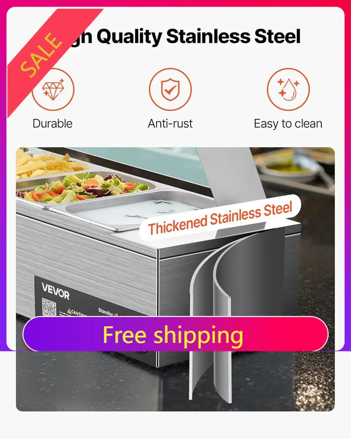 Commercial Food Warmer, 1500W Electric Stainless Steel Steam Food Warmer with Glass Cover, 6 x 1/3 Size Pans Buffet Bain Marie w