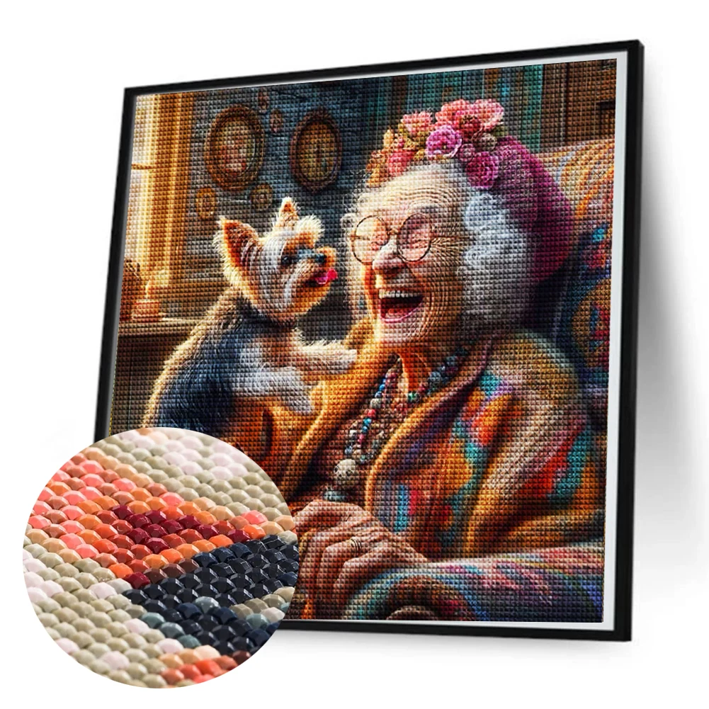 Happy Old Grandma And Her Pet Dog DIY Diamond Painting Portrait New 2024 Full Diamond Embroidery Handmade Mosaic For Home Decor