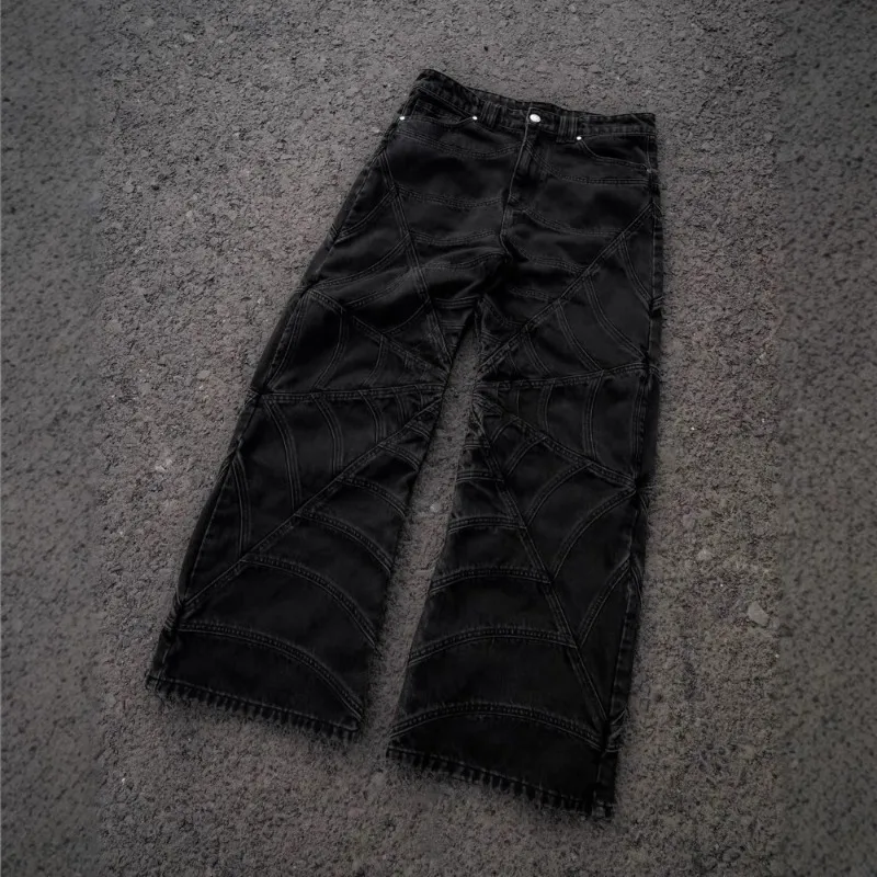 Men's Harajuku Hip-hop Trend Spider Web Patchwork pants2025 Trend Retro Y2k European and American Dark Casual pants
