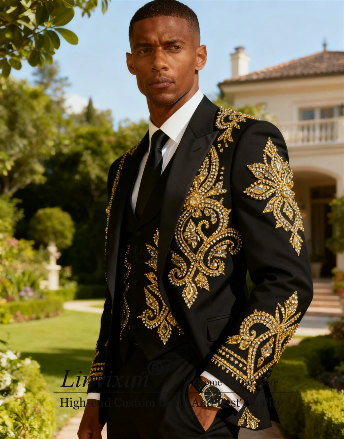 

Glitter Metallic Jewelry Ornament Men Suits 3 Pieces Sets Wedding Groom Male Prom Blazer Customized Slim Fit Ternos Completo