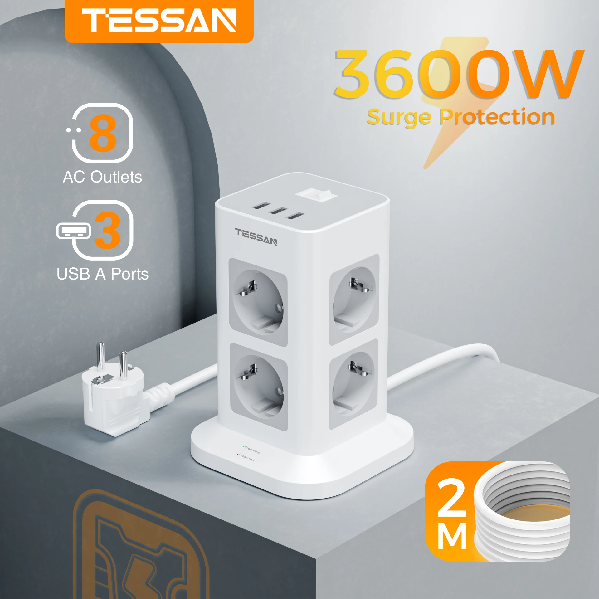 Listwa zasilająca TESSAN z zabezpieczeniem przeciwprzepięciowym 3600 W 16 A z 8 gniazdami AC i 3 portami USB, pionową wieżą z kablem 2 m do domowego