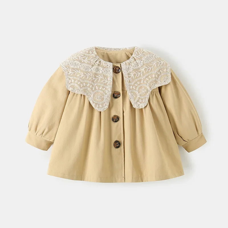 

2025 New Trench Coat for Girl Spring Autumn Fashion Viral Delicate Lace Collar Kids Outerwear for 1-6 Years Old