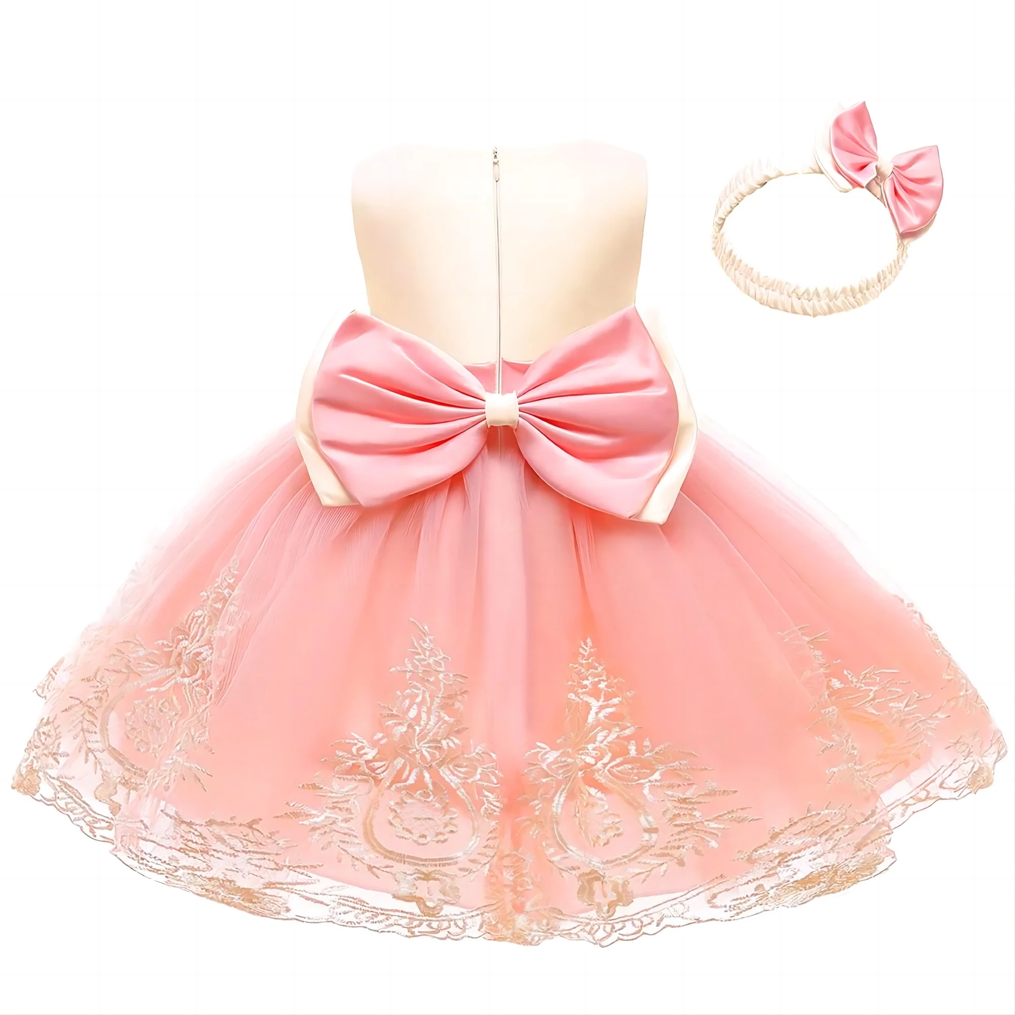 Baby Girls Elegant Dress Toddler Girl Children Embroidered Bow Princess Dress + Headband Gowns Wedding Carnival Party Vestidos