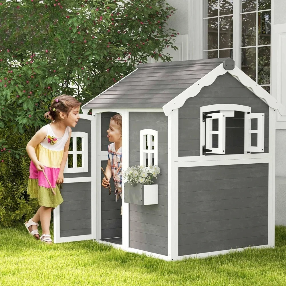 

Playhouse, Outdoor Wooden Playhouse with Floor, Door, Windows & Planter Box, Customized