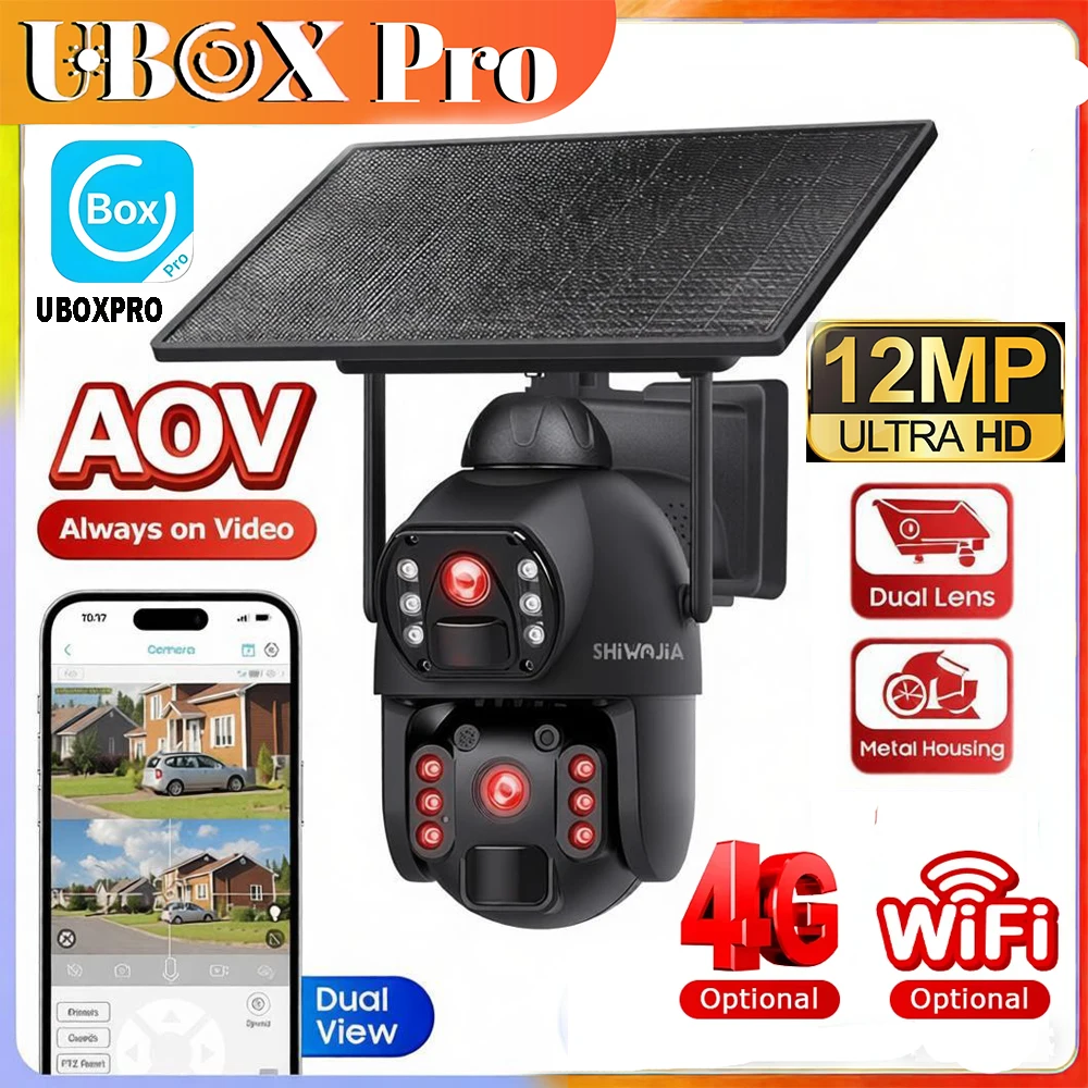 

SHIWOJIA 12MP Solar Camera 4G SIM AOV 24/7 Recording Video Outdoor 20100mAh Battery 10W Solar Panel WIFI Security PTZ Camera