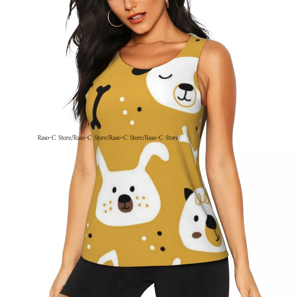 Women Casual Sport Yoga Vest Cute Dog Faces In Scandinavian Style Quick Dry Running T-shirt Training Workout Gym Sleeveles