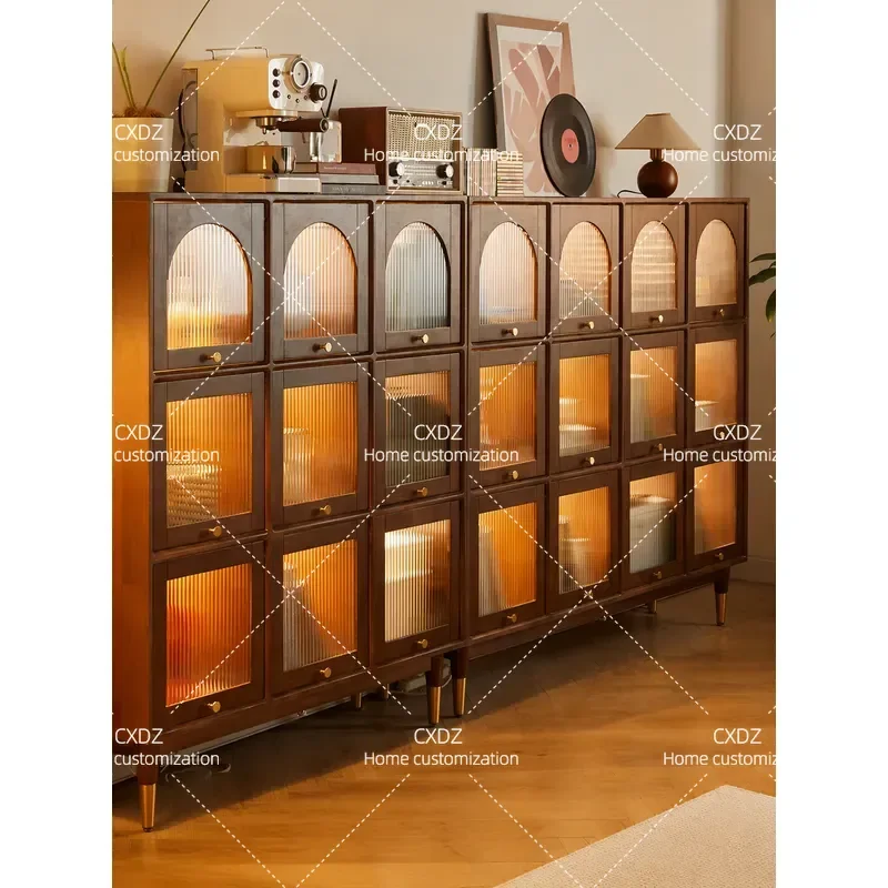 Nordic Solid Wood Bookcase with Glass Door Dustproof Arched Retro Low Cabinet Living Room Display Storage Locker