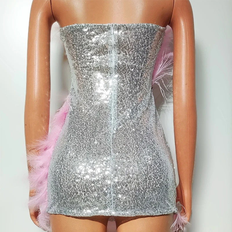 ピンクの羽のスパンコールパーティードレス女性ラインストーンイブニングウエディングドレスバー Dj セクシーなゴーゴー衣装ステージパフォーマンスの摩耗 XS8840