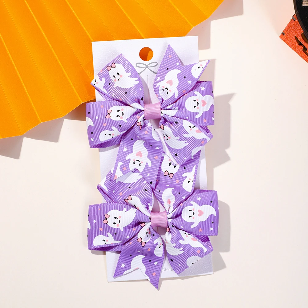 

2Pcs Candy Color Halloween Children's Bow Hair Clips for Festival Party Girls Side Clips Pumpkin Skeleton Print Hair Accessories