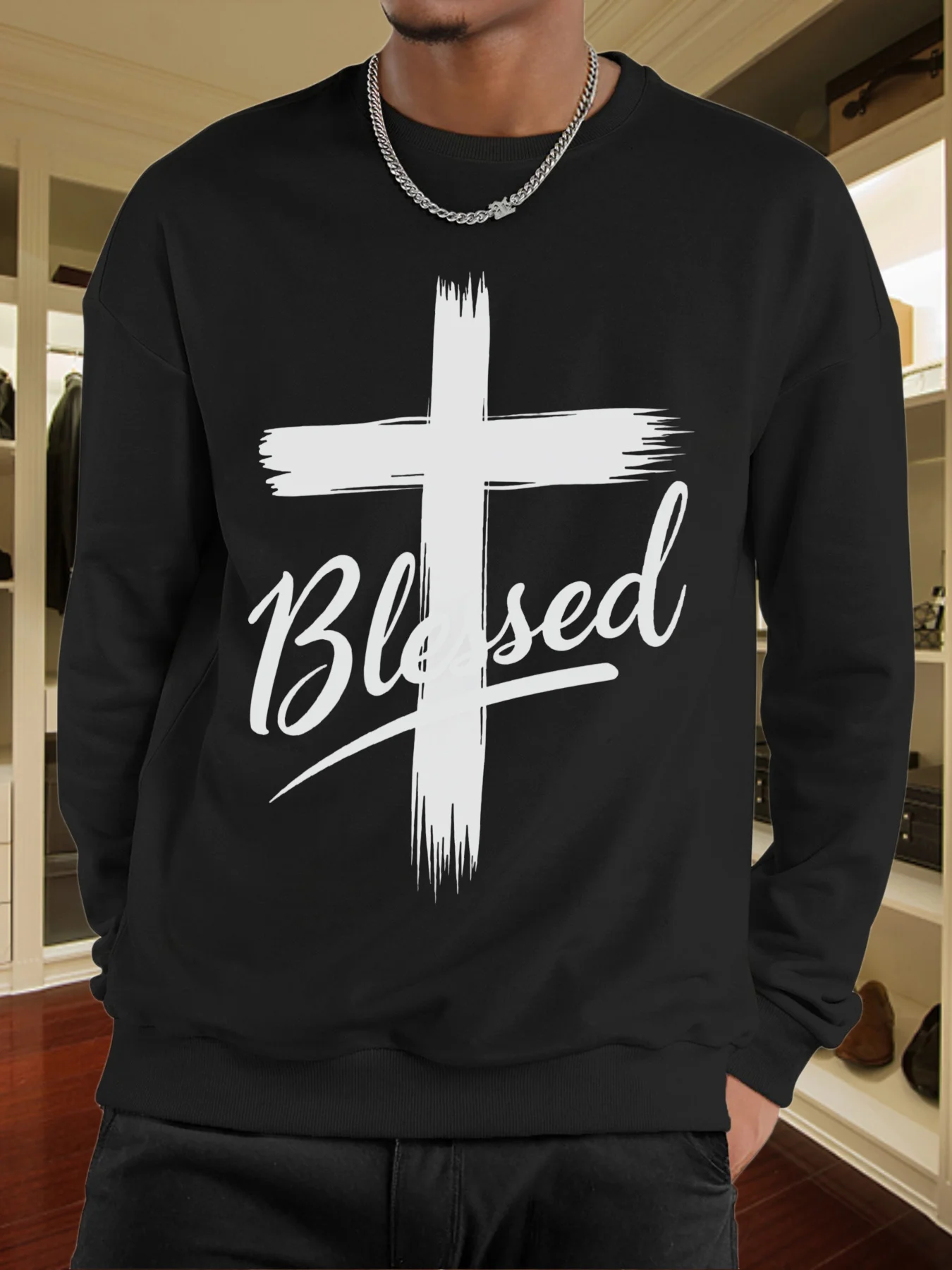 

Мужская одежда Christian Faith — черная толстовка с длинными рукавами, белым крестом и благословеным принтом, повседневный пуловер с круглым вырезом